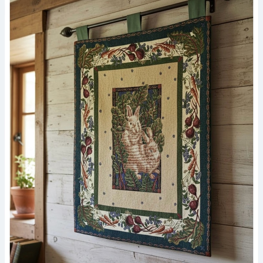 Vtg. 26”x 36” Rabbit and Vegetable cream + green Tapestry.Whimsical.Wilderkind